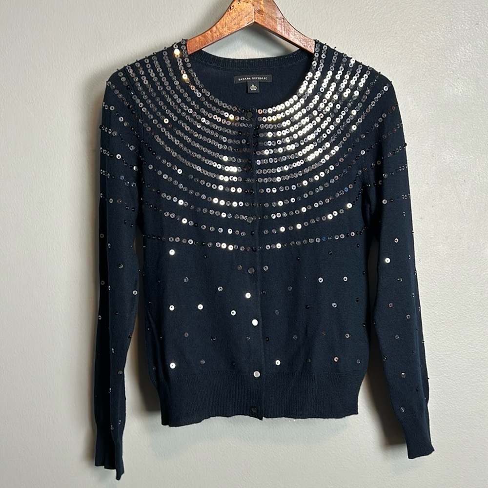 Banana Republic Navy Merino Wool Sequin Cardigan size M- like new
